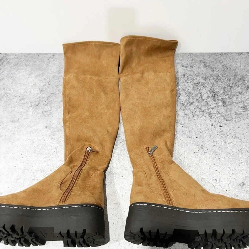 MARC FISHER Beige Lug Sole Comfort Stretch Philly Tan Block Boots 7.5